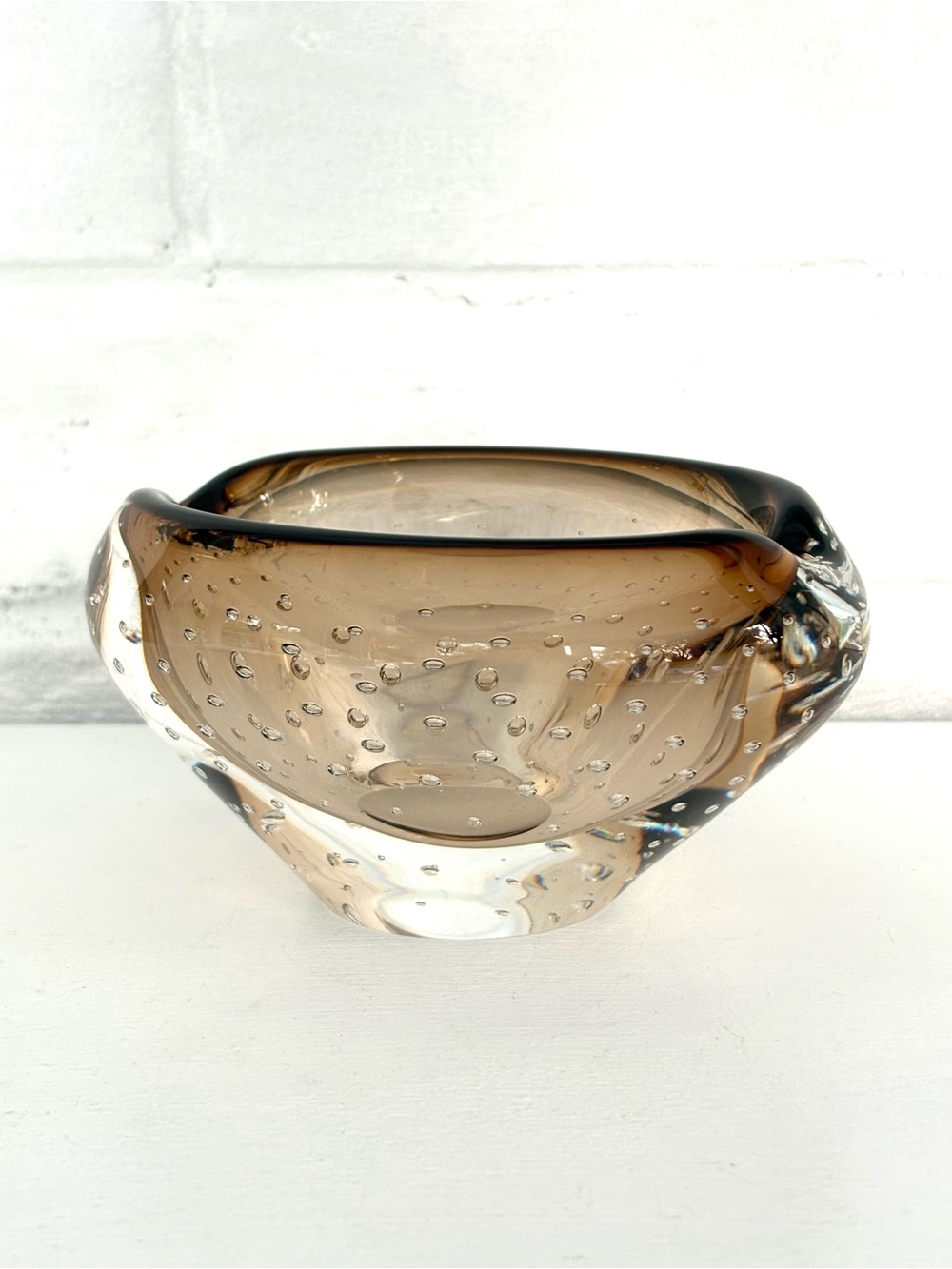 Murano Art Glass Ashtray Mid-Century Bullicante Bubble Brown Band Bowl Dish